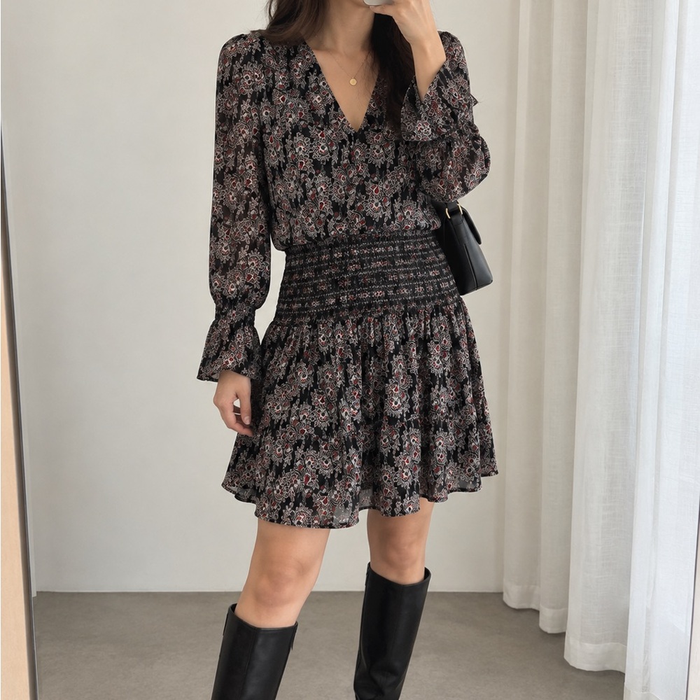 Derek Lam Black Floral Smocked Mini Dress with Pink Accents